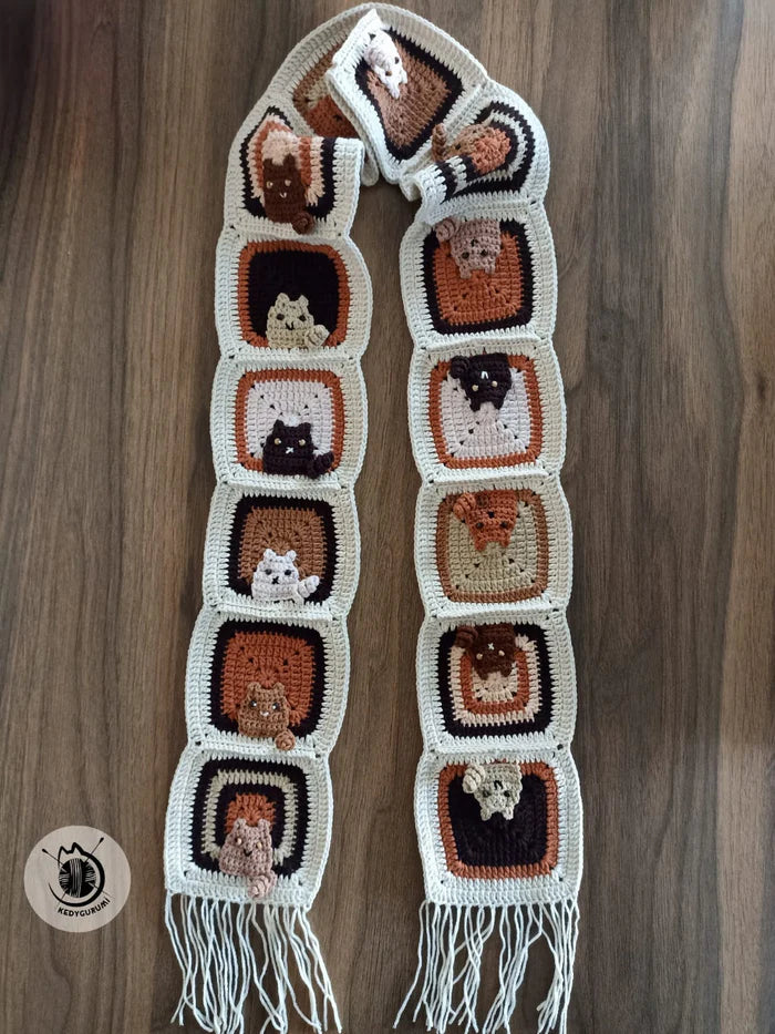 Örgü Kedili Bere ve Atkı İkili Set - Kahverengi - Kedi Temalı Örgü Atkı ve Ponponlu Örgü Bere