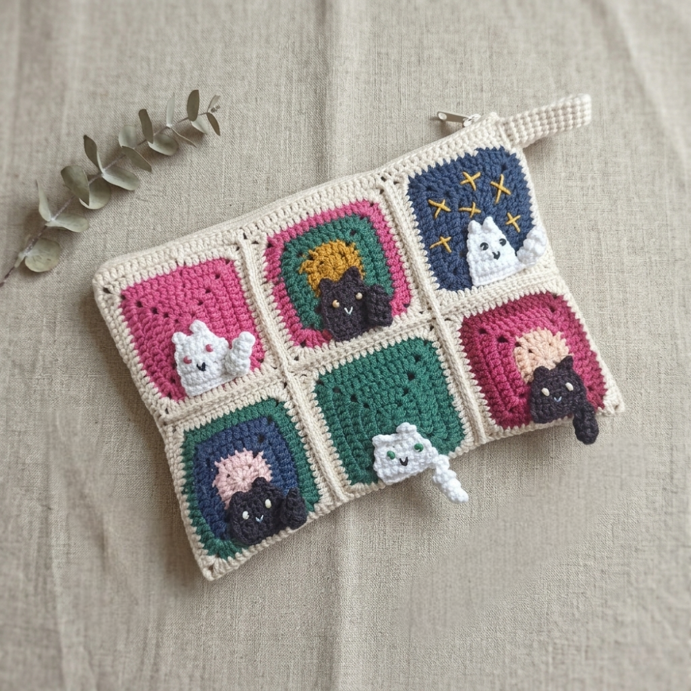 Kedili Örgü Makyaj Çantası/Kalemlik/Tablet Çantası - Kedi Motifli Makyaj Çantası