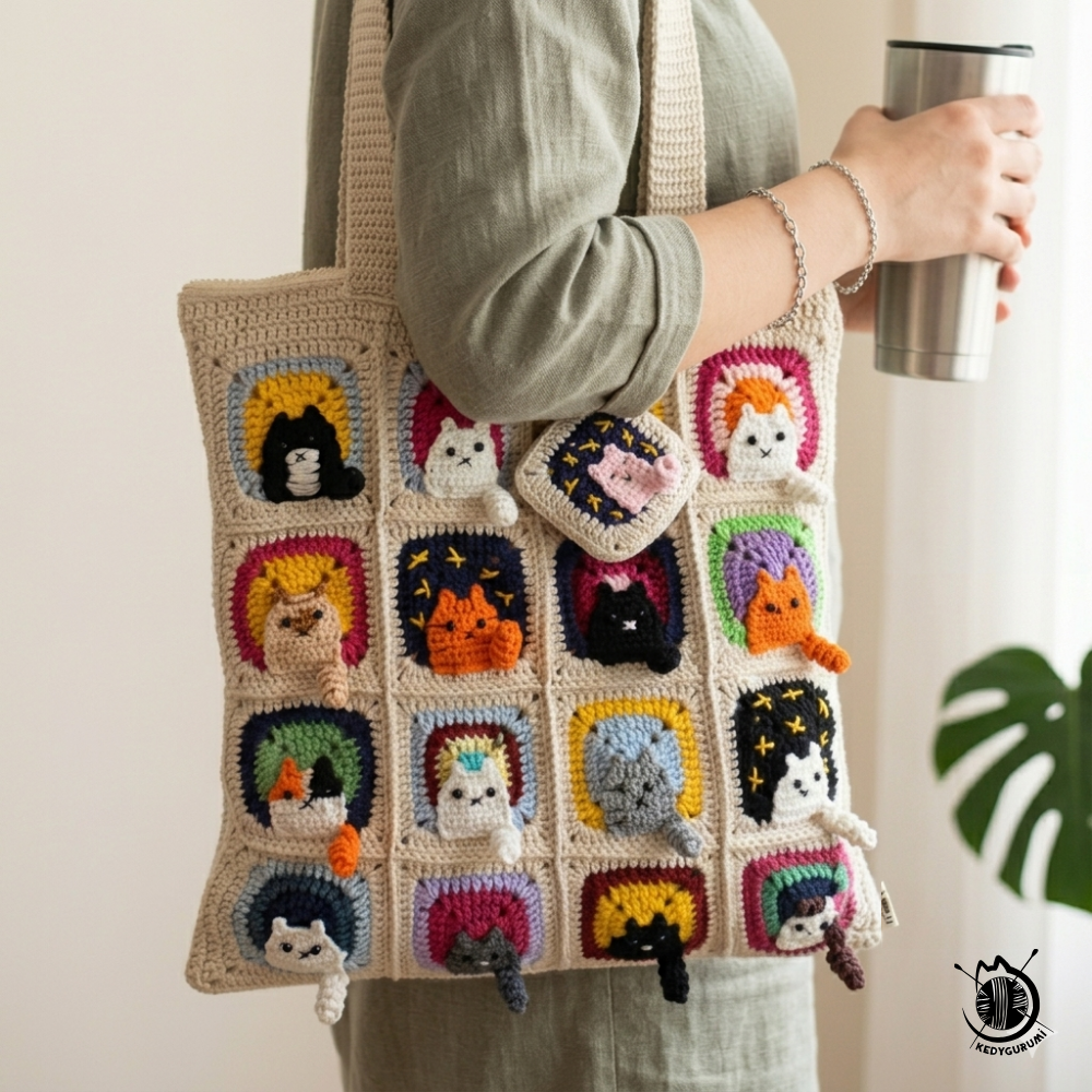 Kedi Motifli Örgü Çanta - Mini Cüzdan Hediyeli - Kedili Çanta