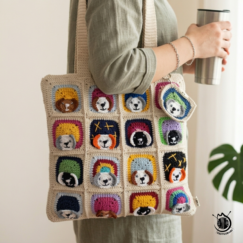 Köpek Motifli Örgü Çanta - Mini Cüzdan Hediyeli - Köpek Desenli Çanta