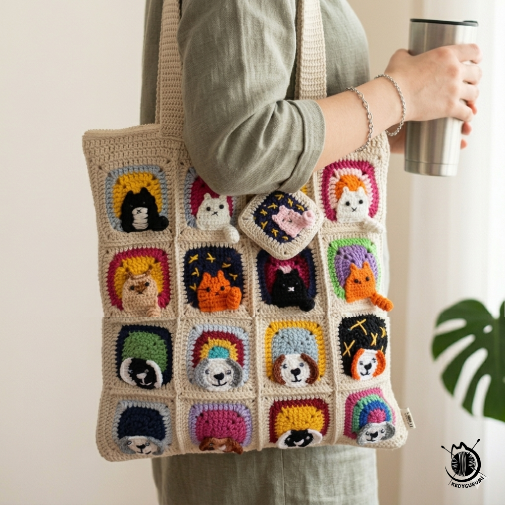 Kedi & Köpek Mix Motifli Örgü Çanta - Mini Cüzdan Hediyeli