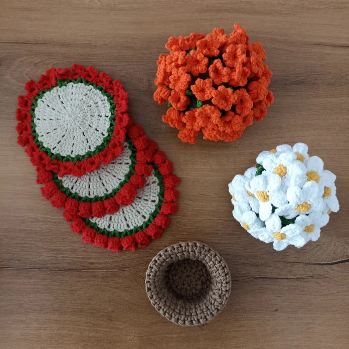 Çiçek Buketi Örgü Bardak Altlığı Seti - El Örgüsü Buketler - Gül Buketi, Papatya Buketi, Lale Buketi