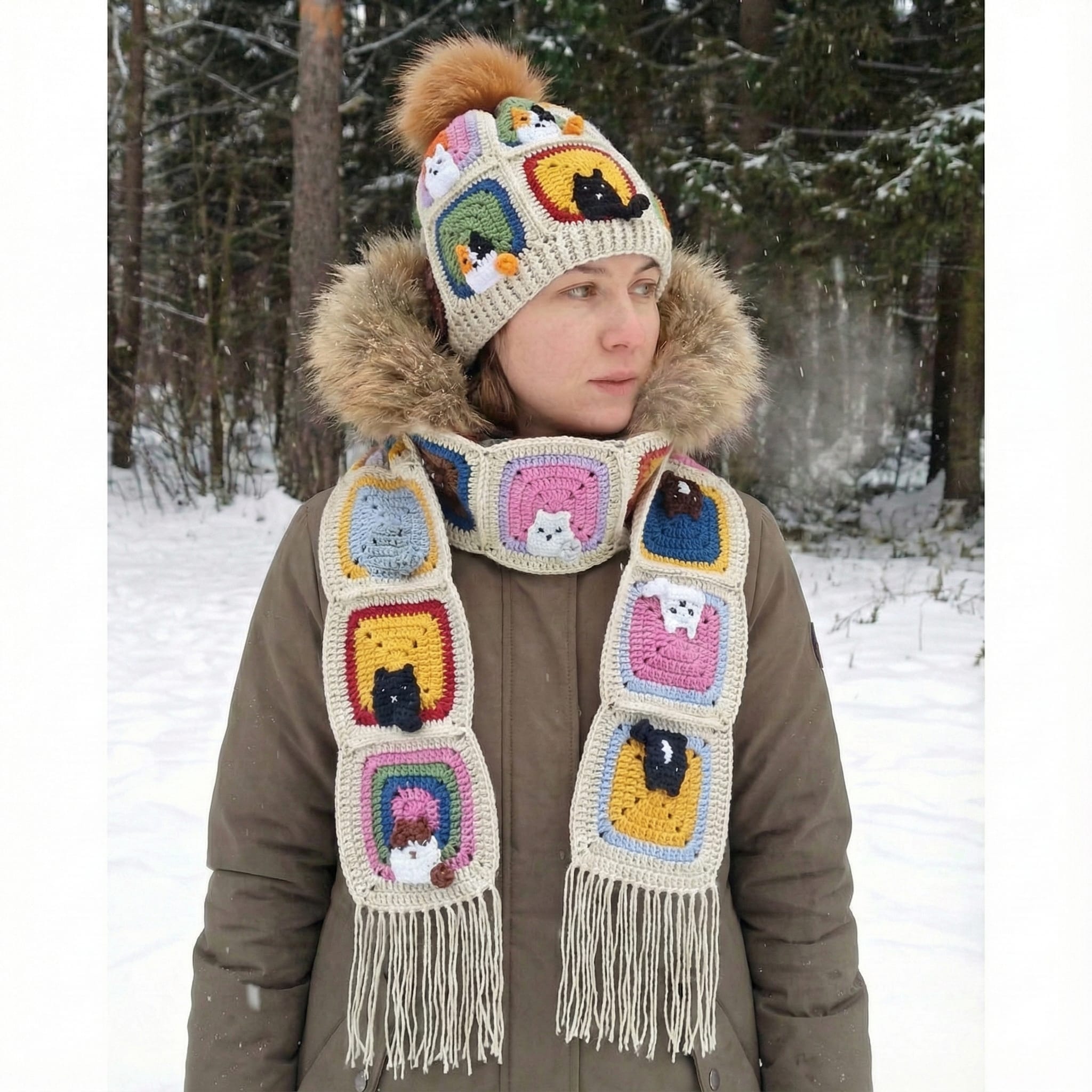 Örgü Kedili Bere ve Atkı İkili Set - Ekru - Kedi Temalı Örgü Atkı ve Ponponlu Örgü Bere