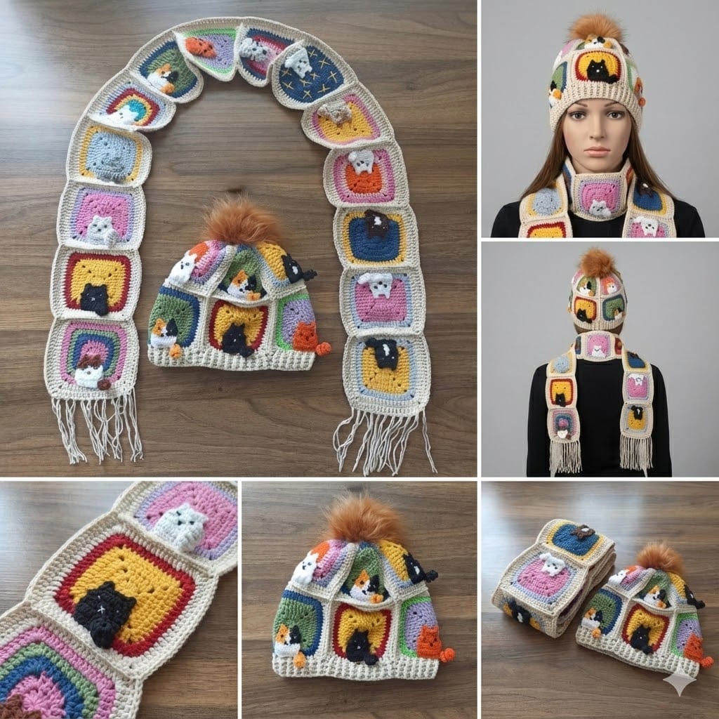 Örgü Kedili Bere ve Atkı İkili Set - Ekru - Kedi Temalı Örgü Atkı ve Ponponlu Örgü Bere