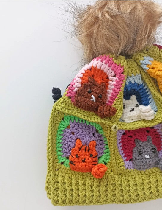 Kedi Motifli Ponponlu Örgü Bere - Fıstık Yeşili - El Örgüsü Kışlık Şapka