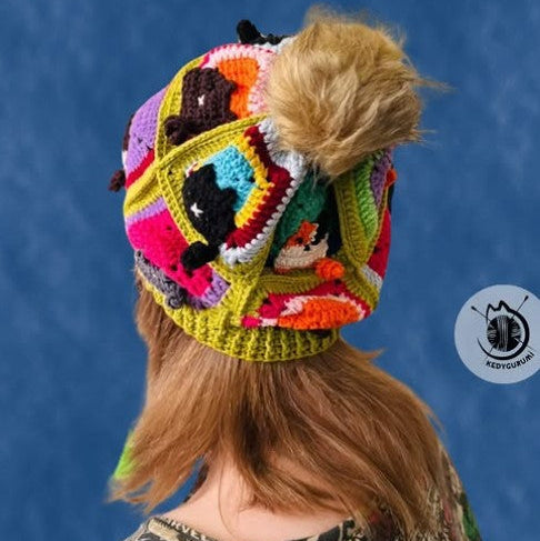 Örgü Kedili Bere ve Atkı İkili Set - Fıstık Yeşili - Kedi Temalı Örgü Atkı ve Ponponlu Örgü Bere