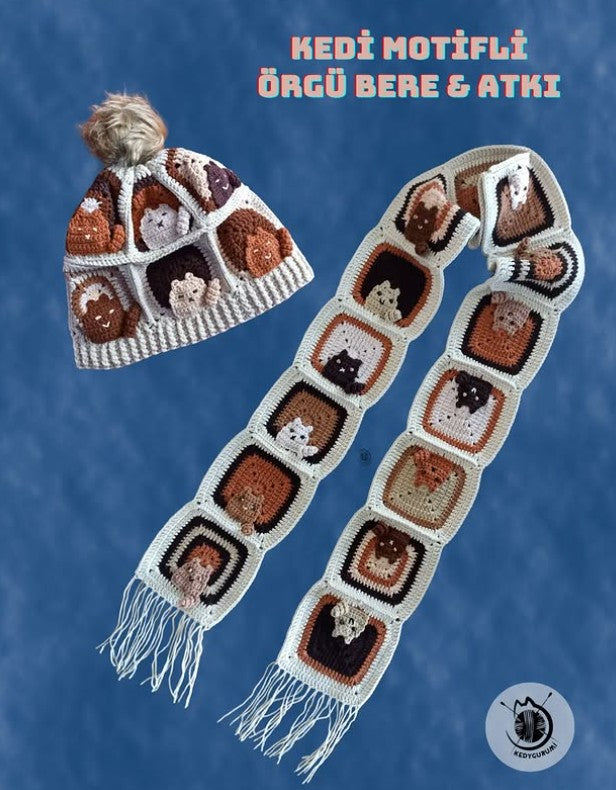 Örgü Kedili Bere ve Atkı İkili Set - Kahverengi - Kedi Temalı Örgü Atkı ve Ponponlu Örgü Bere