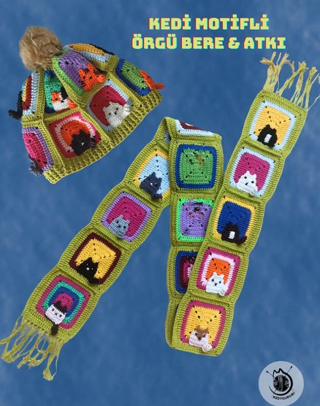 Örgü Kedili Bere ve Atkı İkili Set - Siyah - Kedi Temalı Örgü Atkı ve Ponponlu Örgü Bere