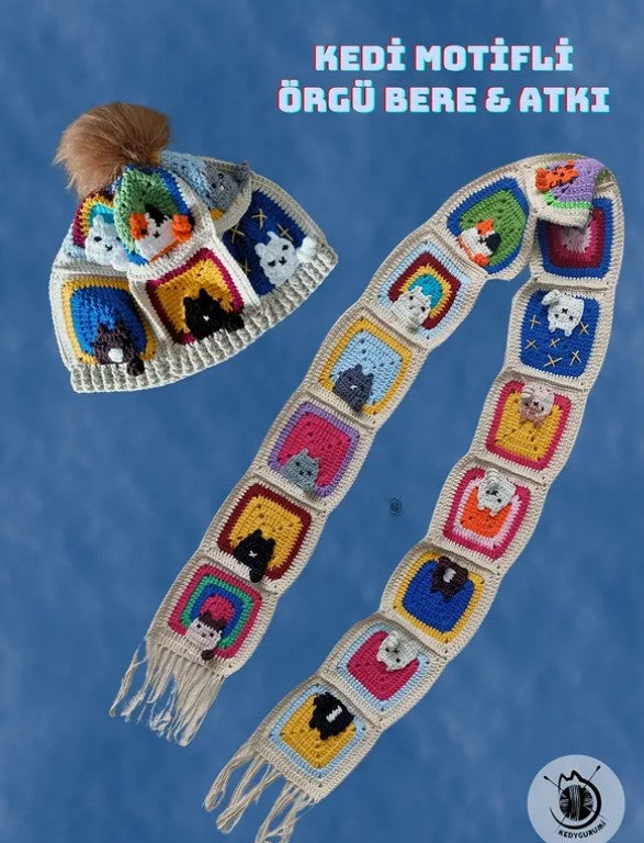 Örgü Kedili Bere ve Atkı İkili Set - Ekru - Kedi Temalı Örgü Atkı ve Ponponlu Örgü Bere