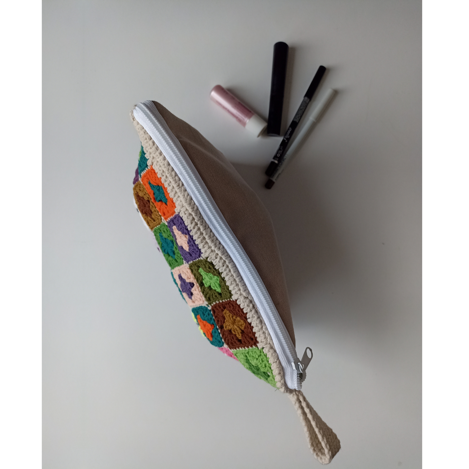 Mini Granny Motifli Makyaj Çantası / Kalemlik, Rengarenk Örgü Motifli Makyaj Çantası / Örgü Kalem Kutusu