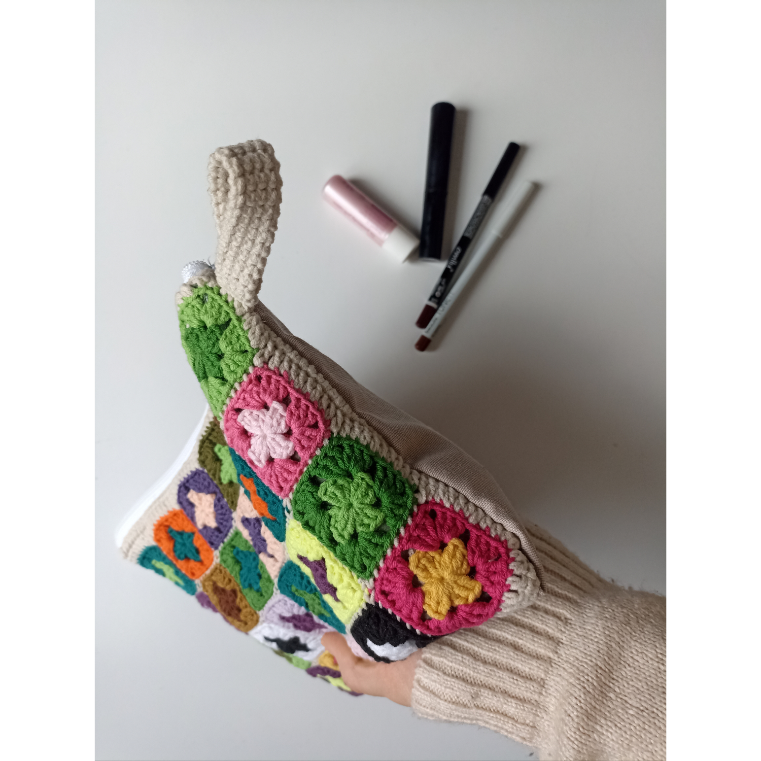 Mini Granny Motifli Makyaj Çantası / Kalemlik, Rengarenk Örgü Motifli Makyaj Çantası / Örgü Kalem Kutusu