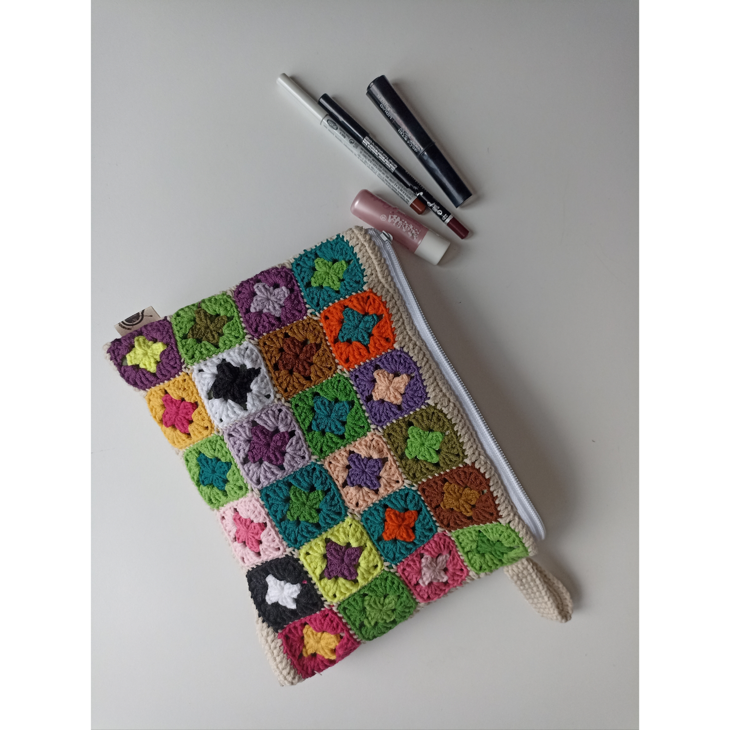 Mini Granny Motifli Makyaj Çantası / Kalemlik, Rengarenk Örgü Motifli Makyaj Çantası / Örgü Kalem Kutusu