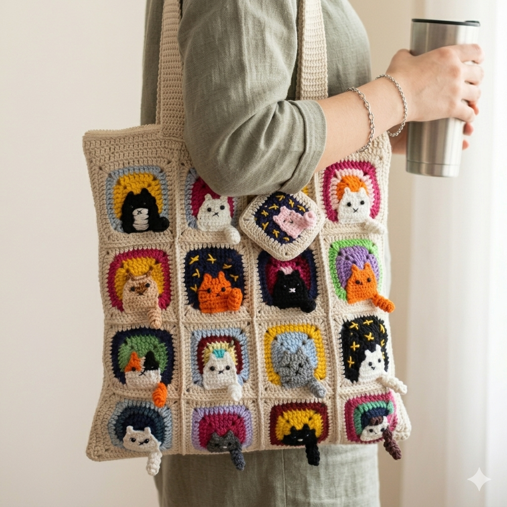 Kedi Motifli Örgü Çanta - Mini Cüzdan Hediyeli - Kedili Çanta