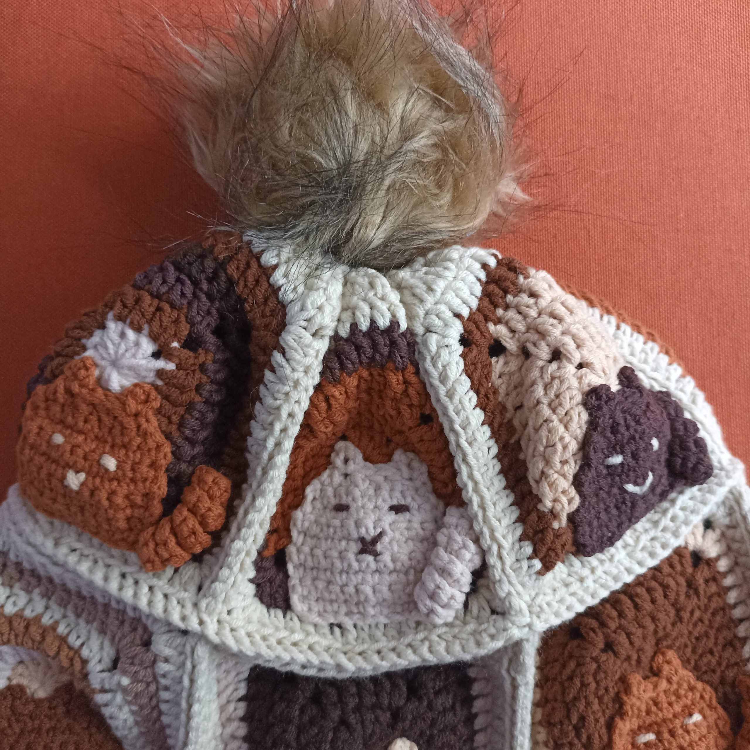 Cat Motif Pompom Crochet Beanie - Hand Knitted Winter Hat