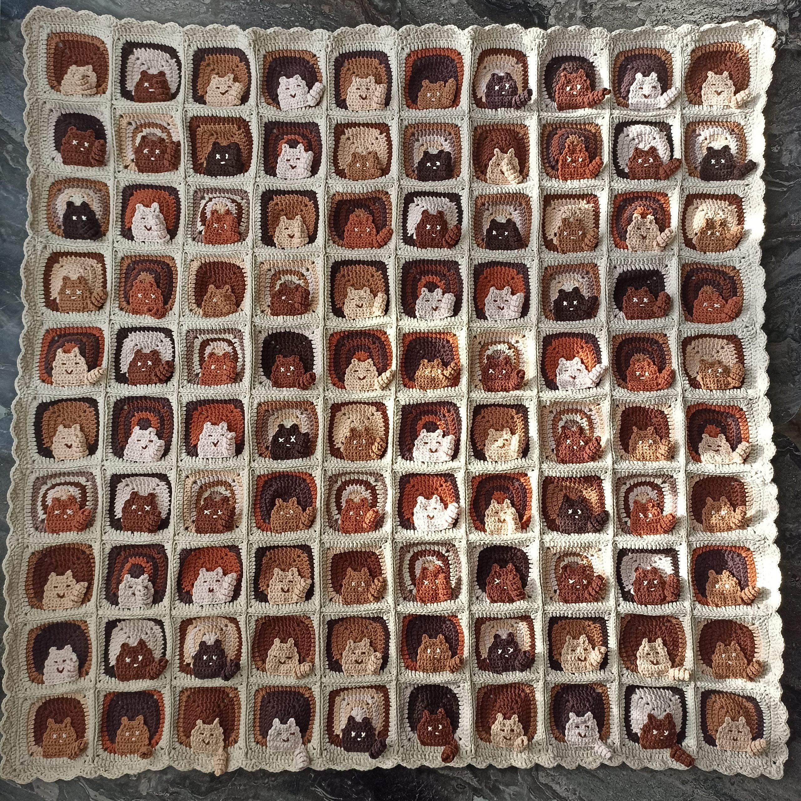 100 Cat Motif Coffee Tone Knitted Blanket - Special Design