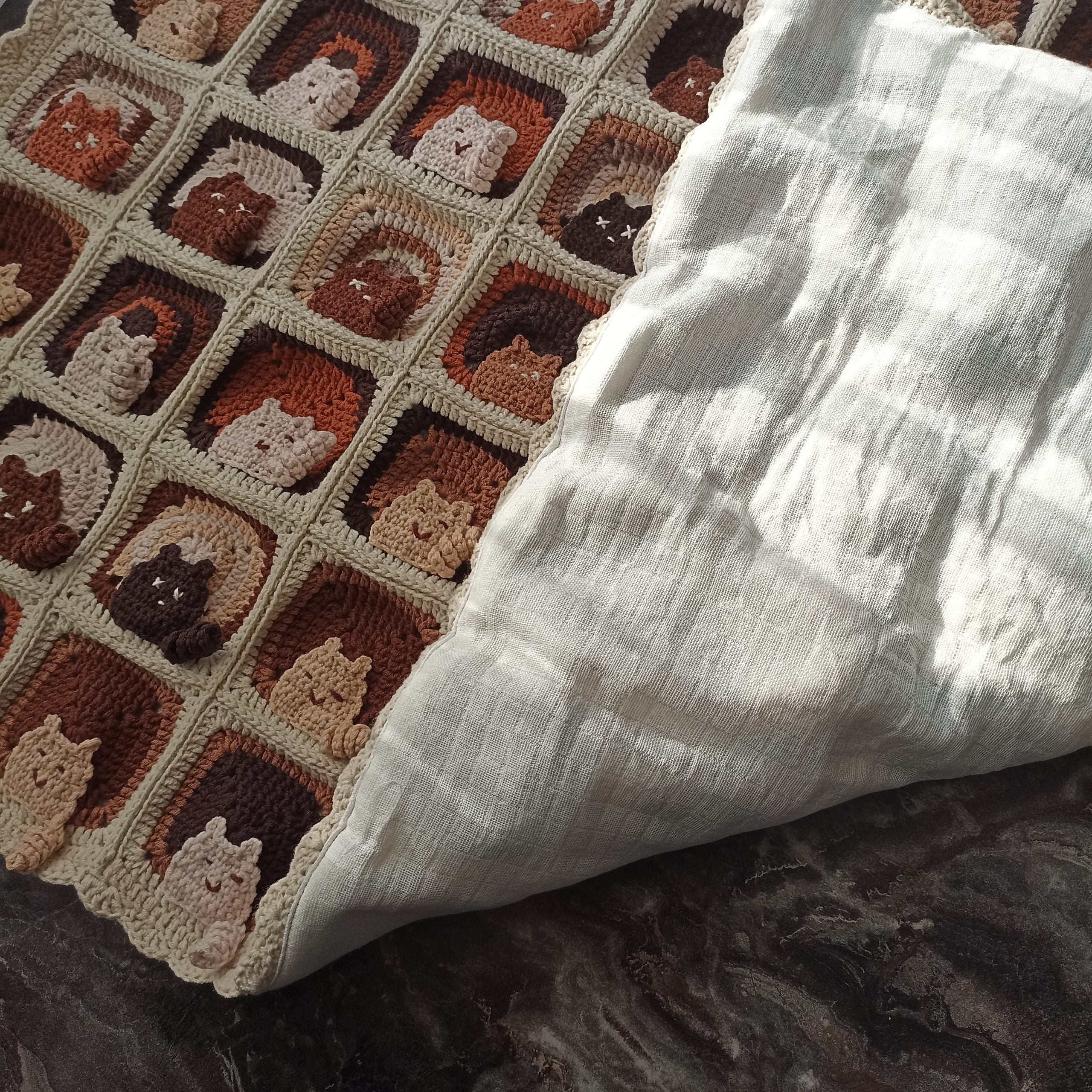 100 Cat Motif Coffee Tone Knitted Blanket - Special Design