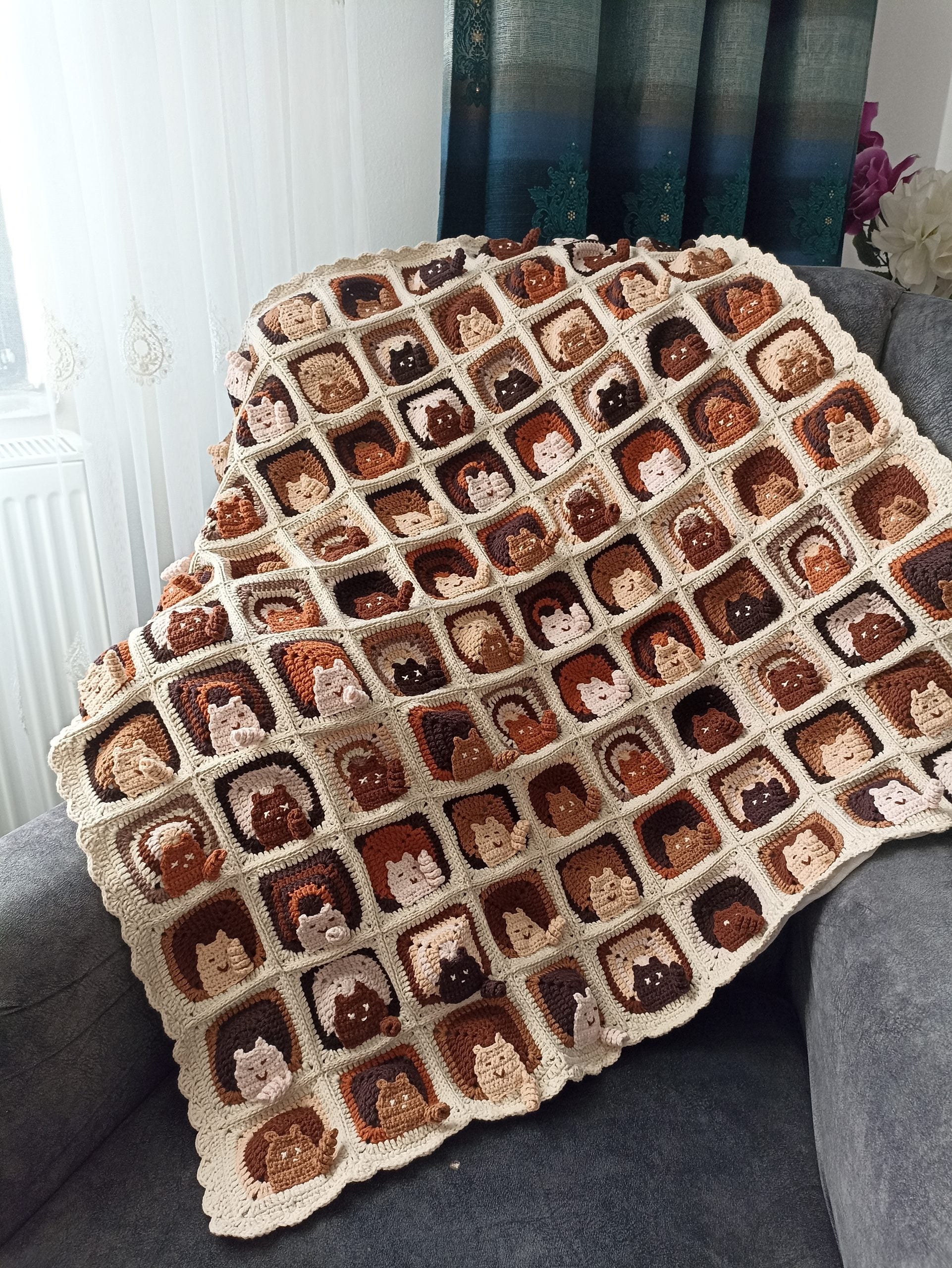 100 Cat Motif Coffee Tone Knitted Blanket - Special Design