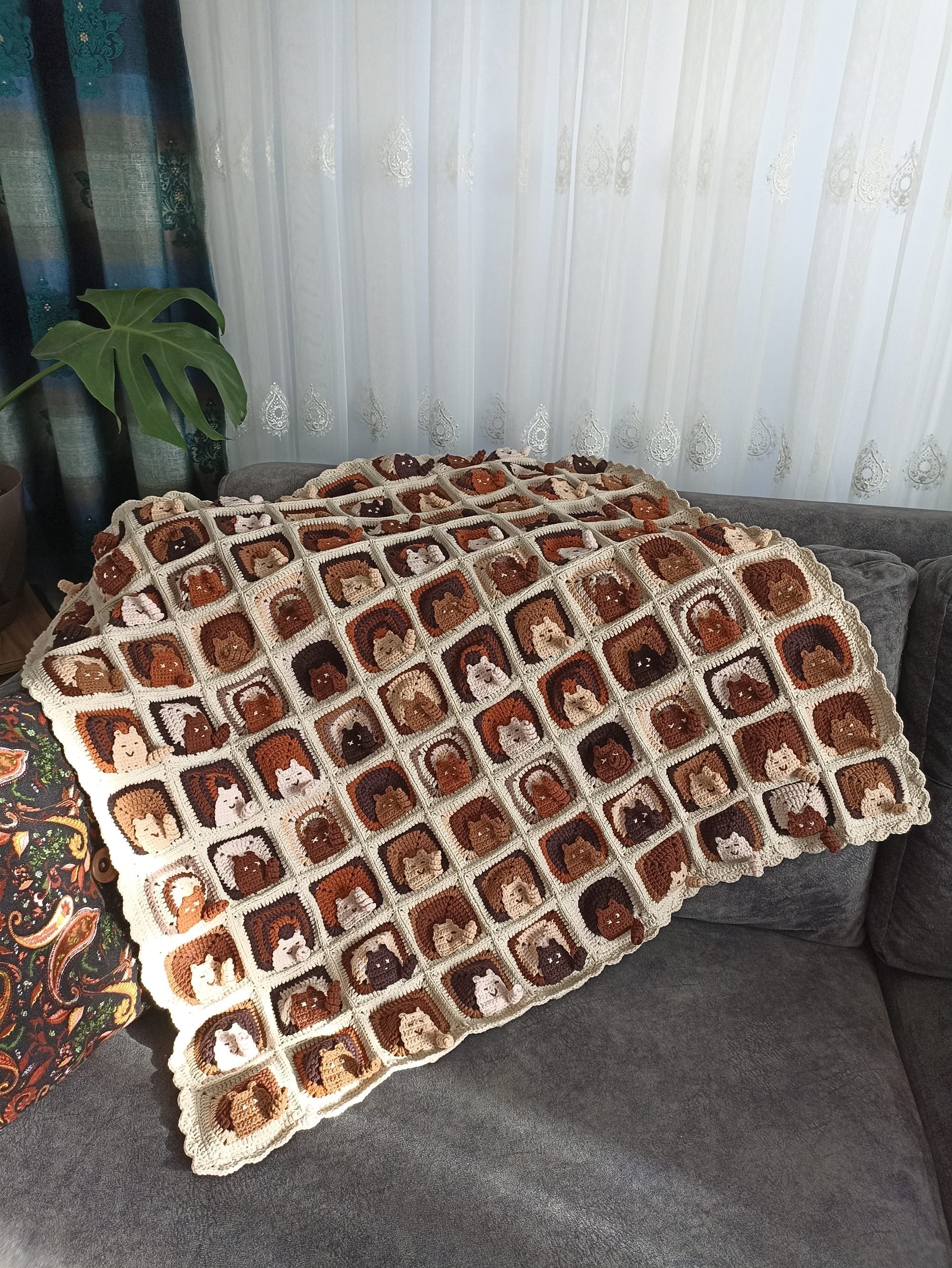 100 Cat Motif Coffee Tone Knitted Blanket - Special Design