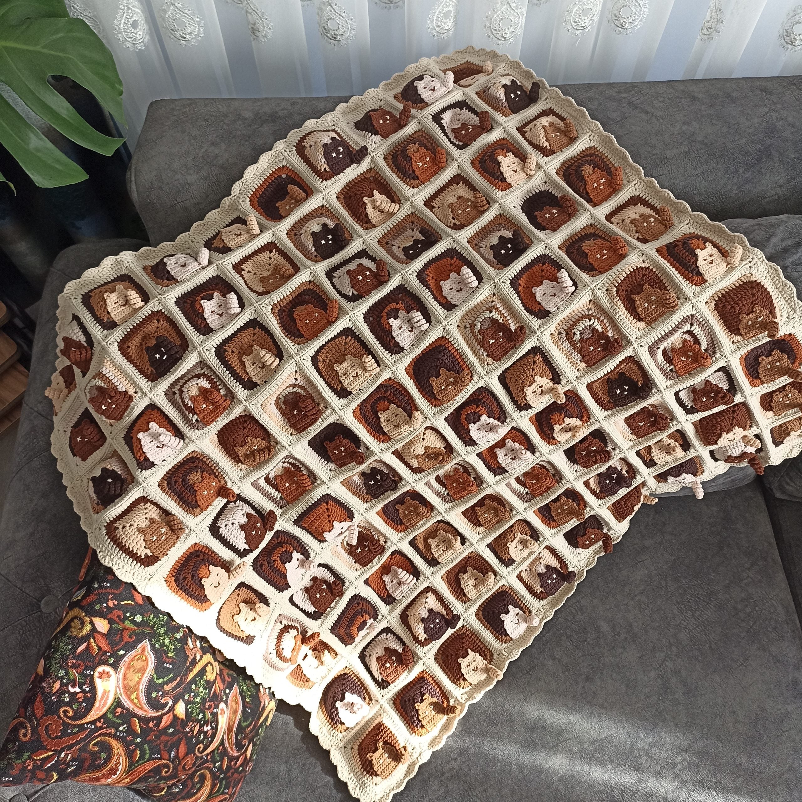 100 Cat Motif Coffee Tone Knitted Blanket - Special Design
