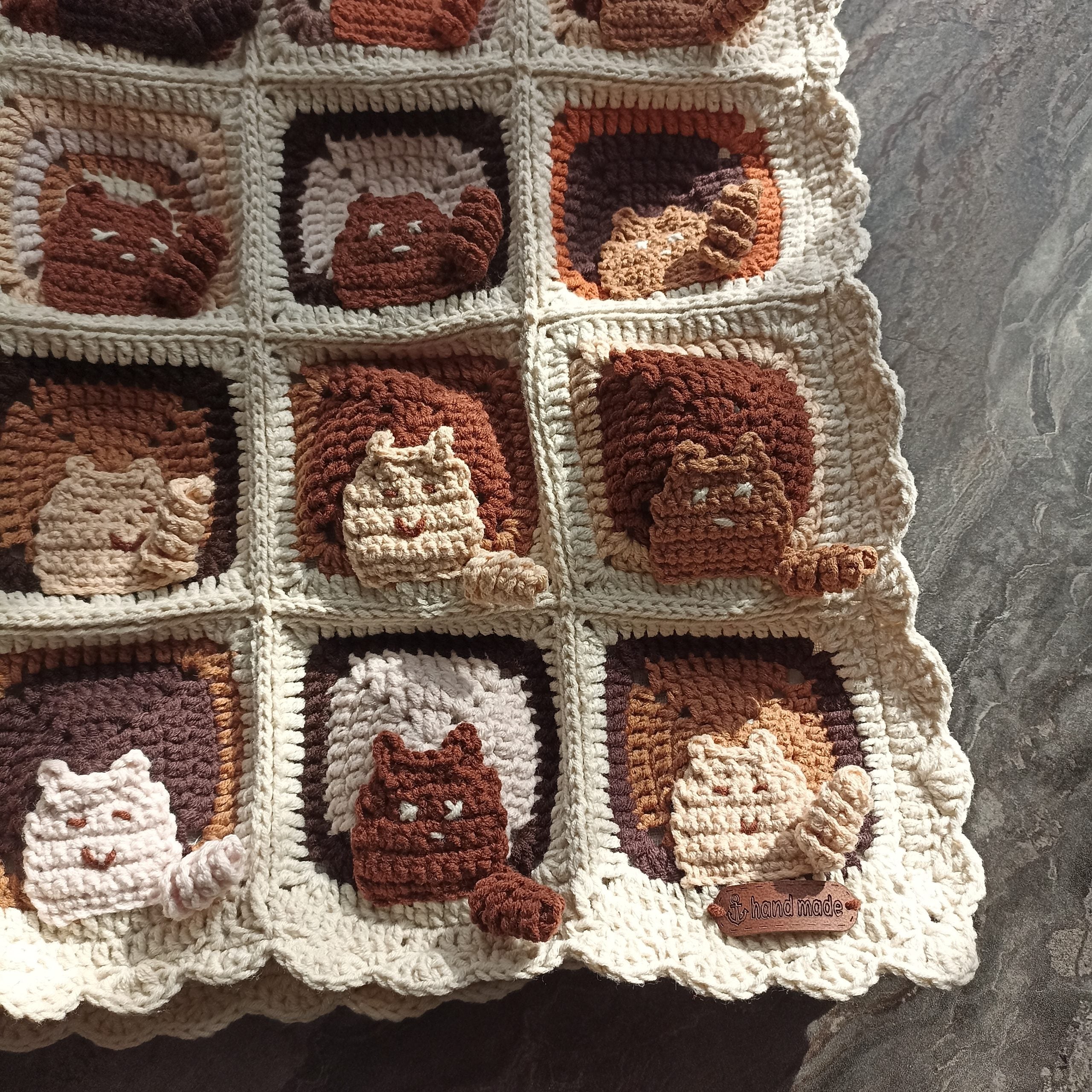 100 Cat Motif Coffee Tone Knitted Blanket - Special Design