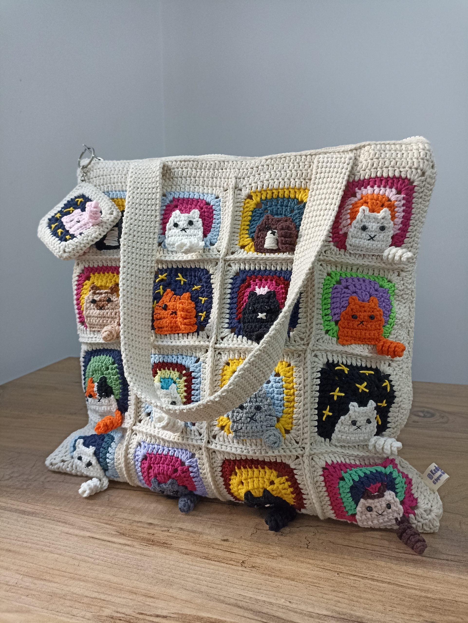 Kedi Motifli Örgü Çanta - Mini Cüzdan Hediyeli - Kedili Çanta