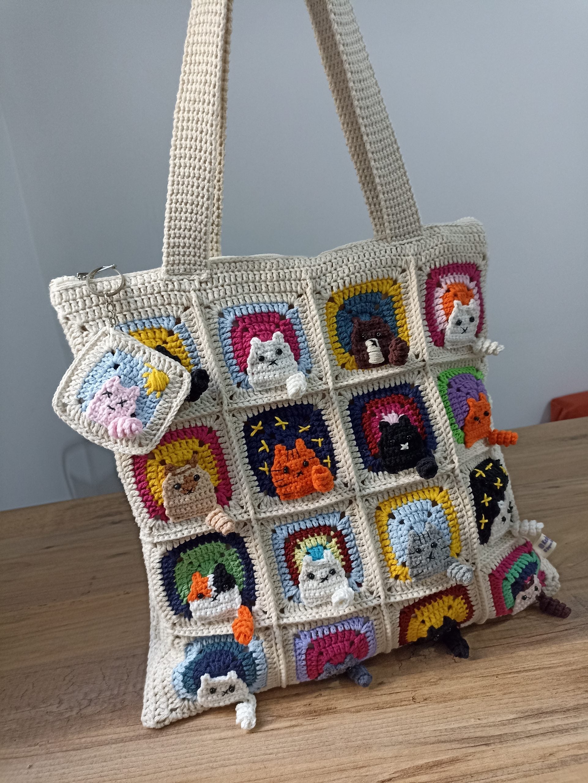 Kedi Motifli Örgü Çanta - Mini Cüzdan Hediyeli - Kedili Çanta