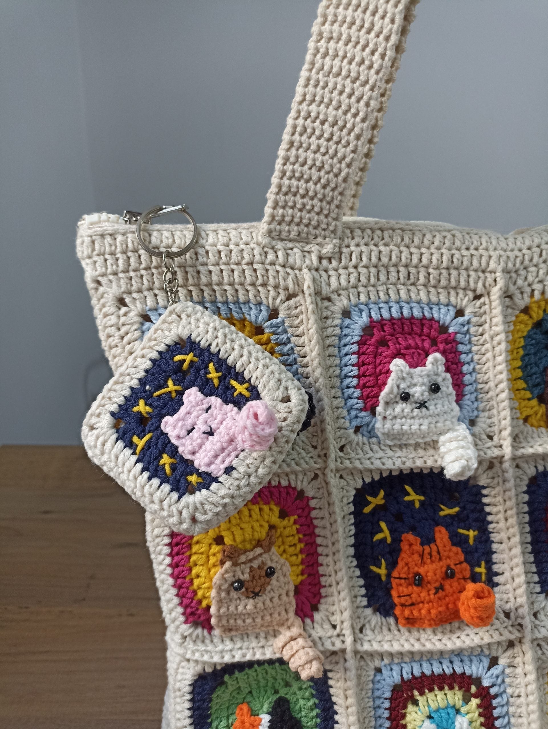Kedi Motifli Örgü Çanta - Mini Cüzdan Hediyeli - Kedili Çanta