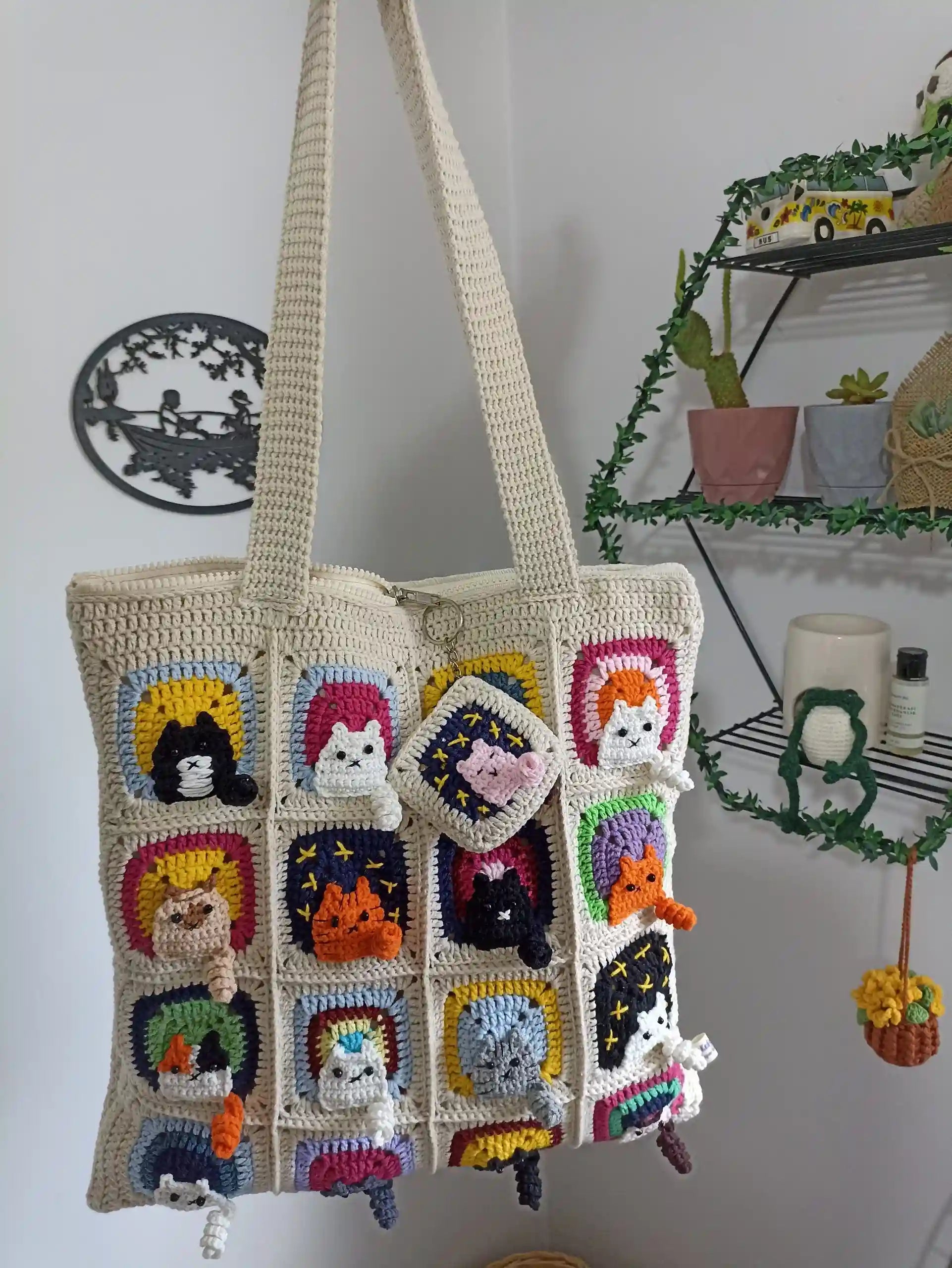 Kedi Motifli Örgü Çanta - Mini Cüzdan Hediyeli - Kedili Çanta