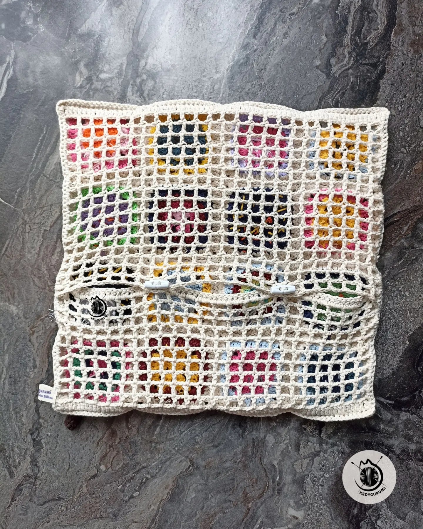 Kedili Kırlent Ekru, Kedi Motifli Örgü Kırlent Kılıfı, Kedi Temalı Yastık Kılıfı