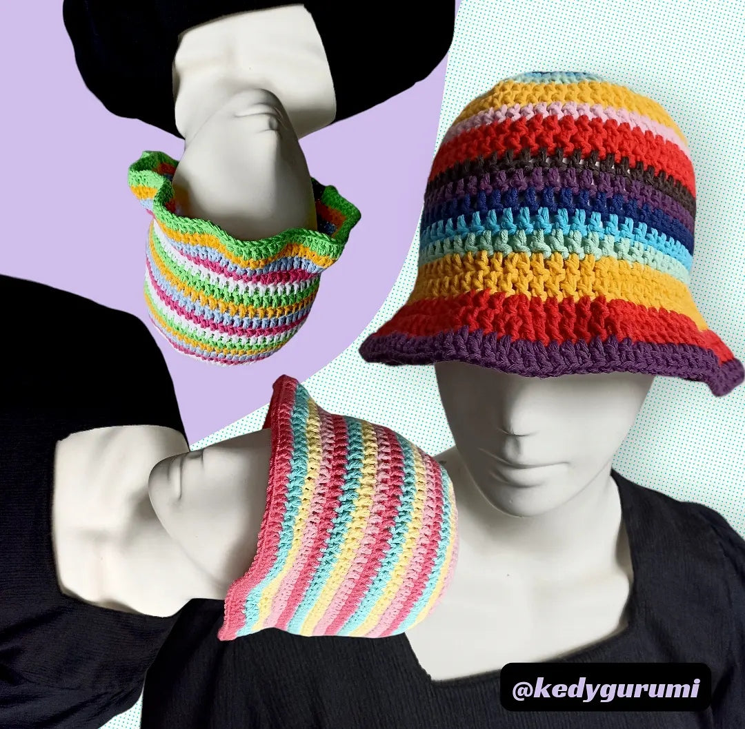 Bucket Şapka / Çok Renkli Çizgili El Örgüsü Şapka - Tığ İşi Yazlık Şapka