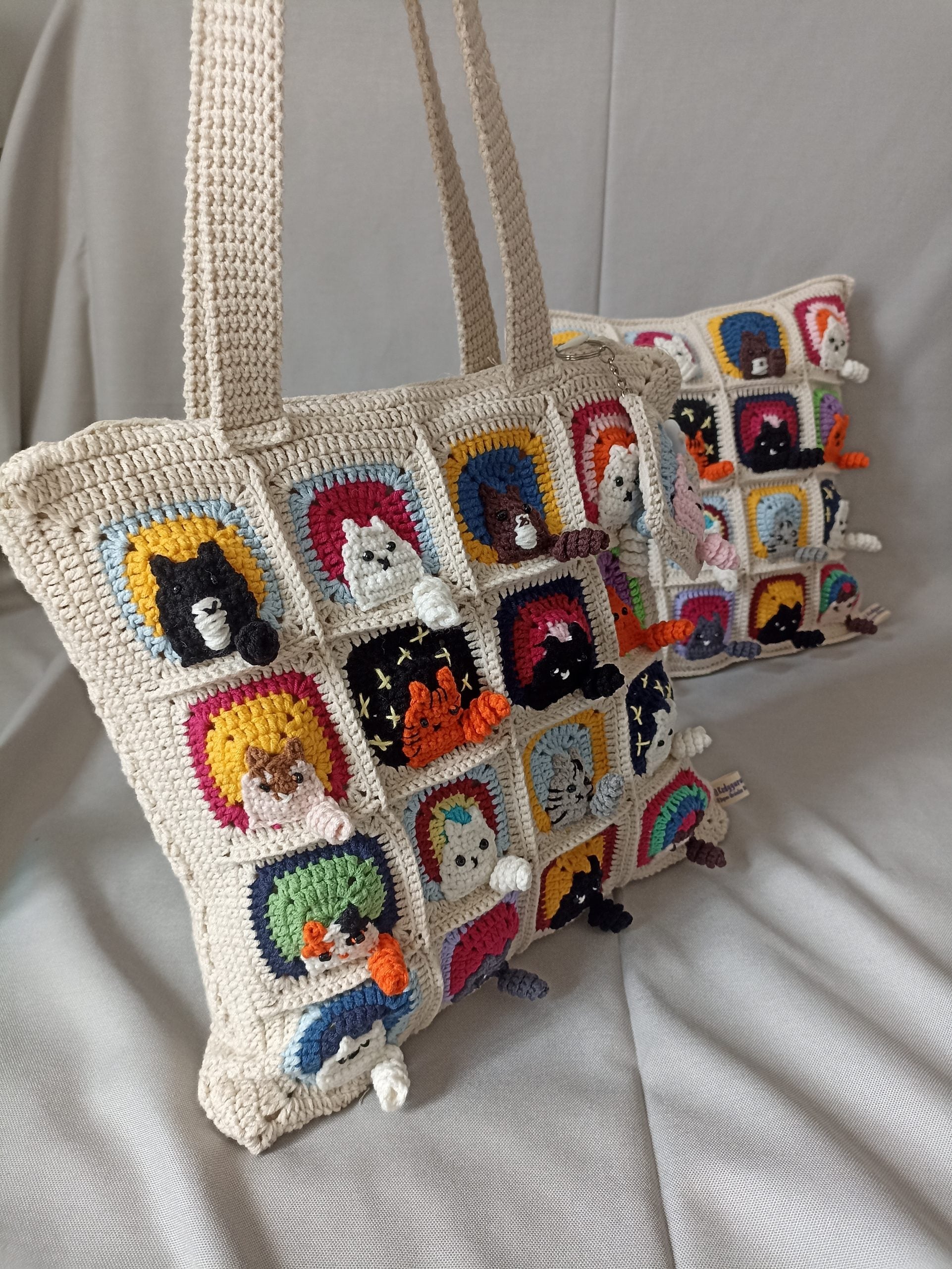 Kedi Motifli Örgü Çanta - Mini Cüzdan Hediyeli - Kedili Çanta