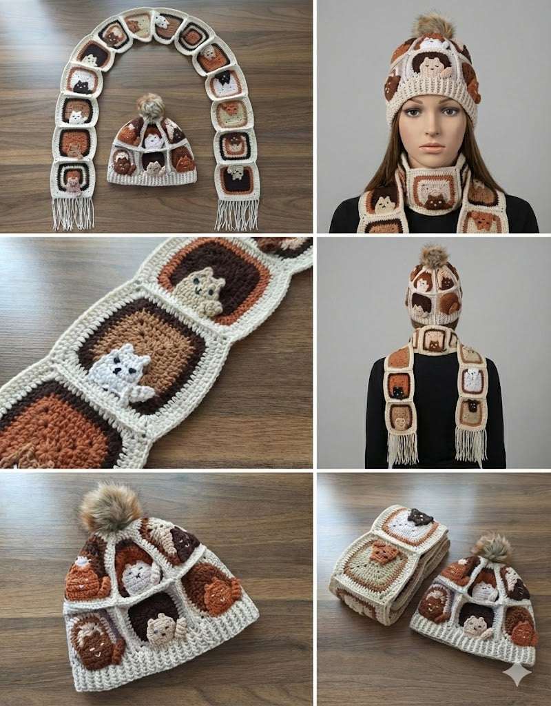 Örgü Kedili Bere ve Atkı İkili Set - Kahverengi - Kedi Temalı Örgü Atkı ve Ponponlu Örgü Bere