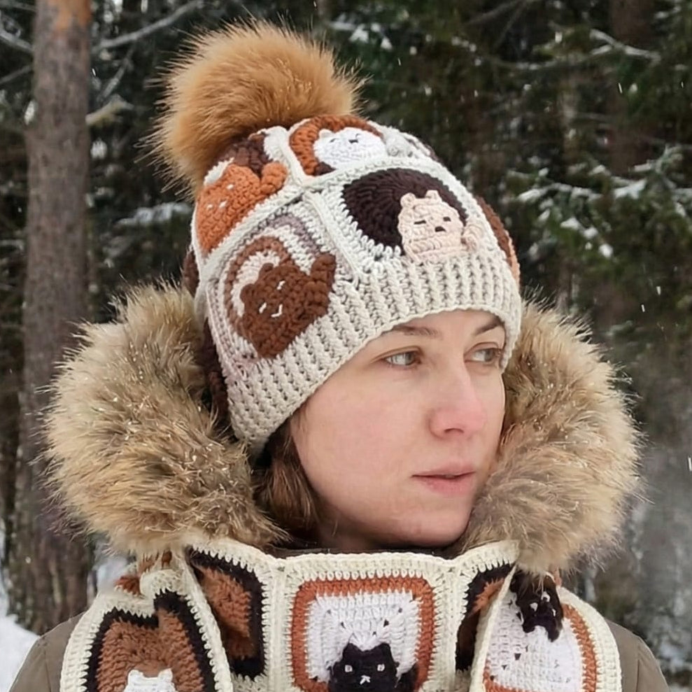 Kedi Motifli Ponponlu Örgü Bere - Kahverengi - El Örgüsü Kışlık Şapka