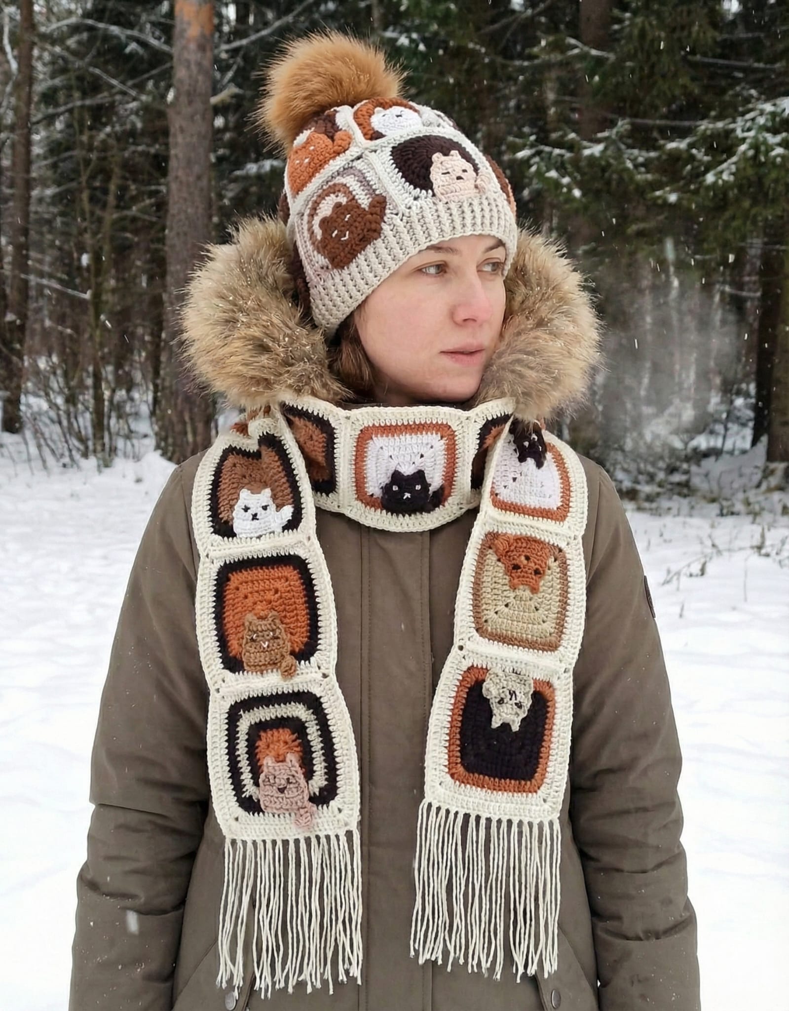 Örgü Kedili Bere ve Atkı İkili Set - Kahverengi - Kedi Temalı Örgü Atkı ve Ponponlu Örgü Bere