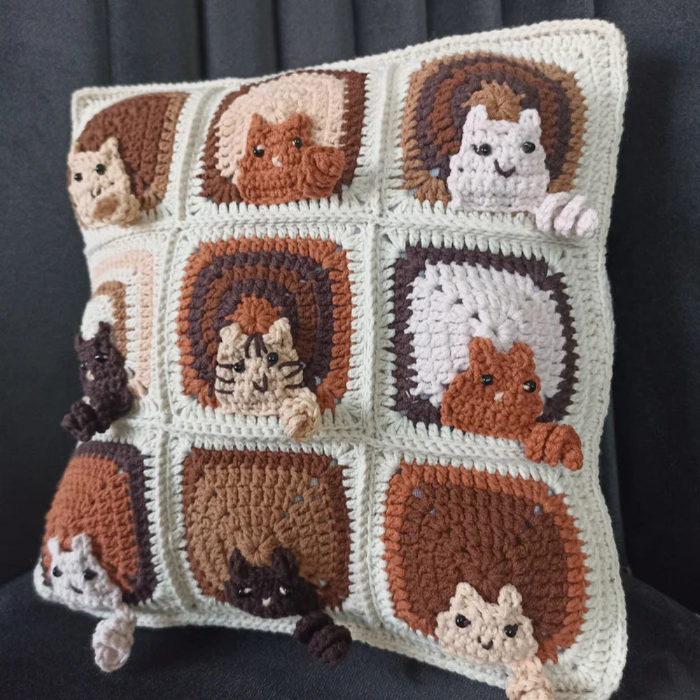 Coffee Cat Motif Crochet Cushion Cover, Cat Pillow Case