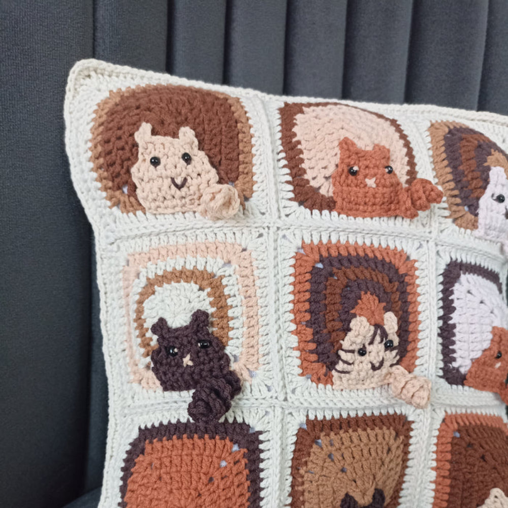 Coffee Cat Motif Crochet Cushion Cover, Cat Pillow Case