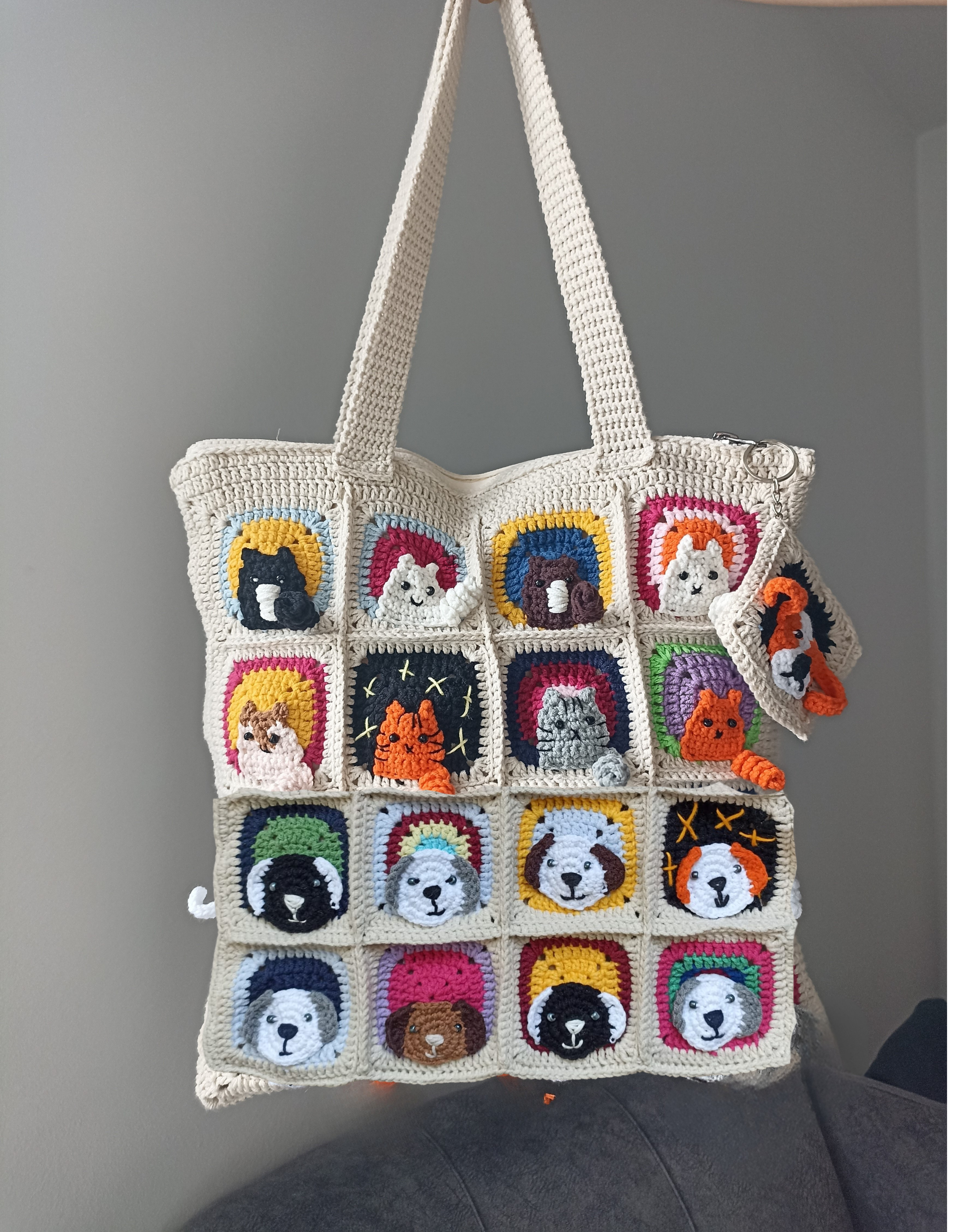 Kedi & Köpek Mix Motifli Örgü Çanta - Mini Cüzdan Hediyeli