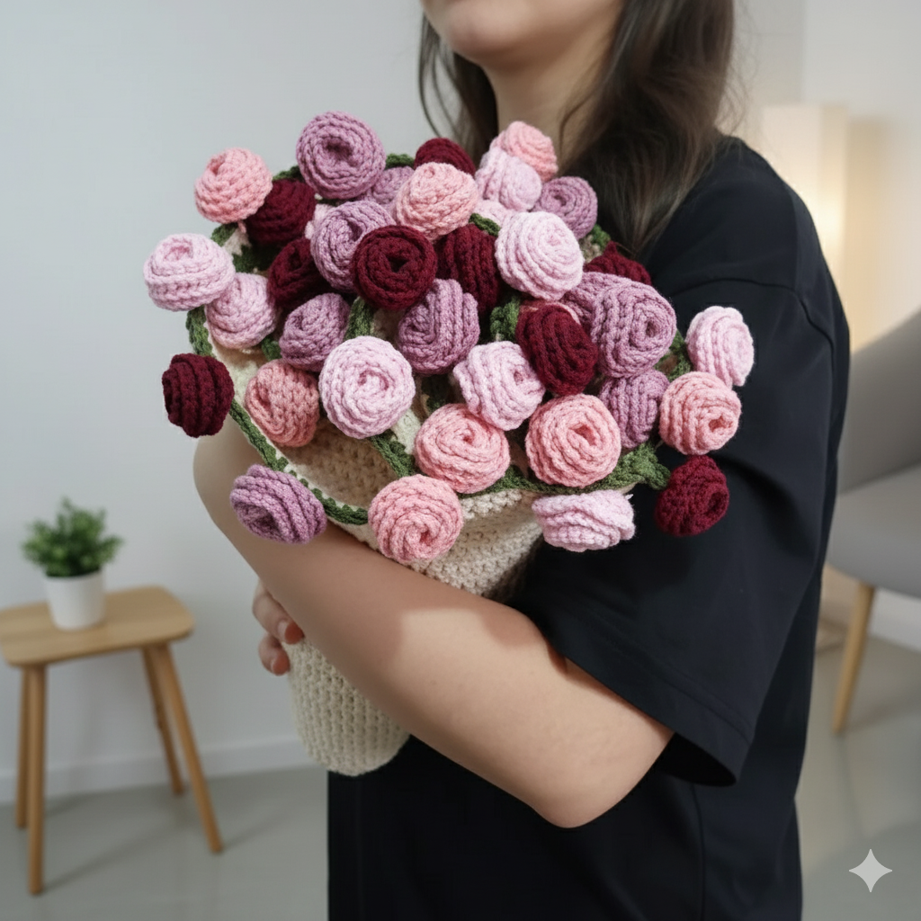 El Yapımı Karışık Pembe Güller Buket Battaniye