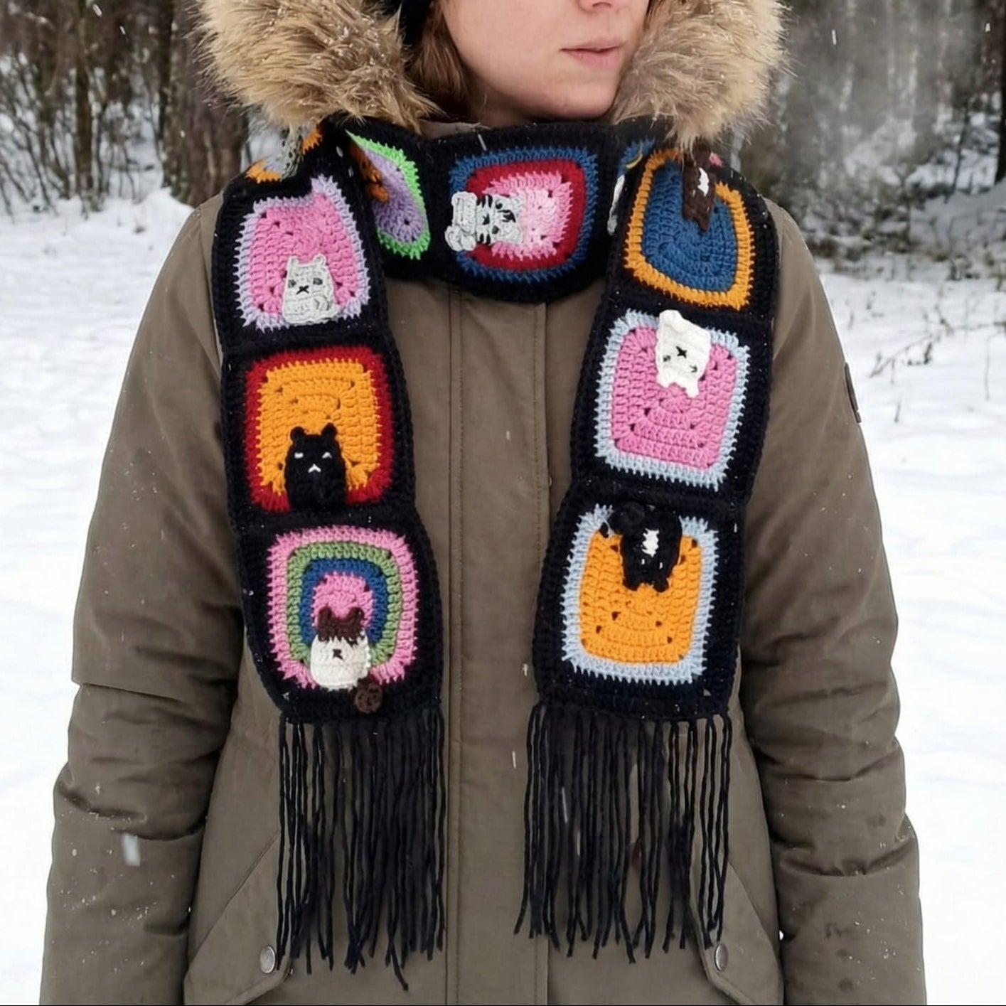 Kedi Motifli Örgü Atkı - Siyah- El Örgüsü Kedili Atkı - Kedi Temalı Kışlık Atkı