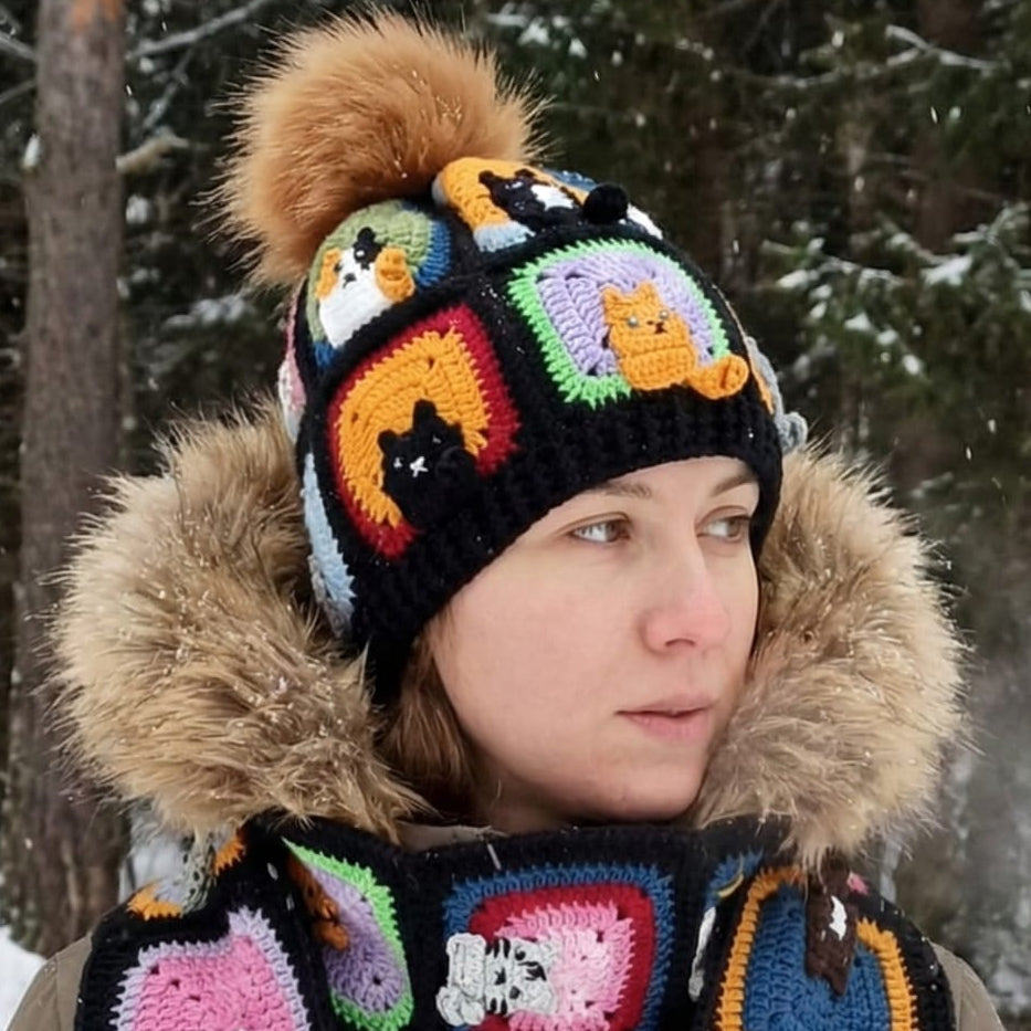 Kedi Motifli Ponponlu Örgü Bere - Siyah - El Örgüsü Kışlık Şapka