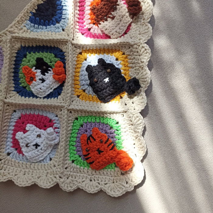 Sevimli Kedi Motifli El Örgüsü Bandana - Örgü Kedili Bandana