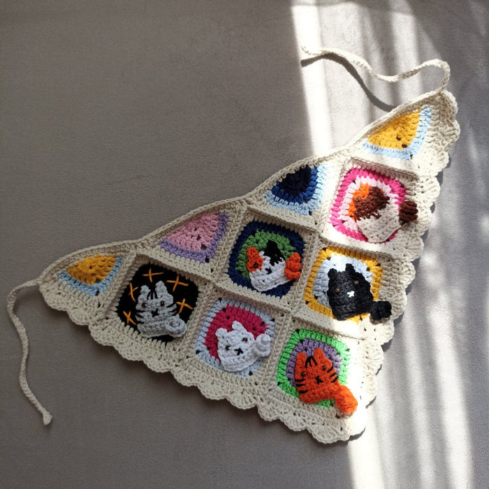 Sevimli Kedi Motifli El Örgüsü Bandana - Örgü Kedili Bandana
