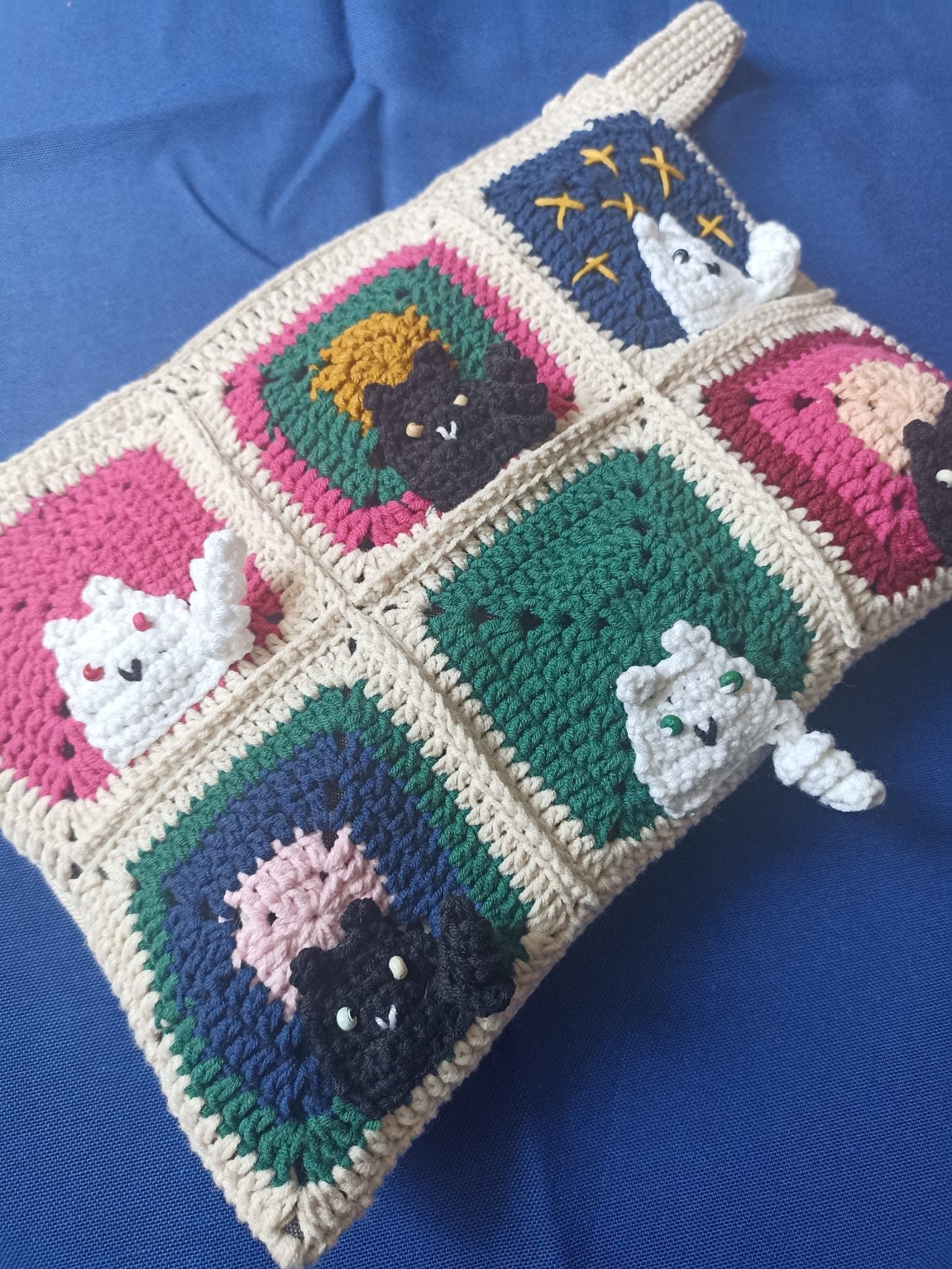 Kedili Örgü Makyaj Çantası/Kalemlik/Tablet Çantası - Kedi Motifli Makyaj Çantası