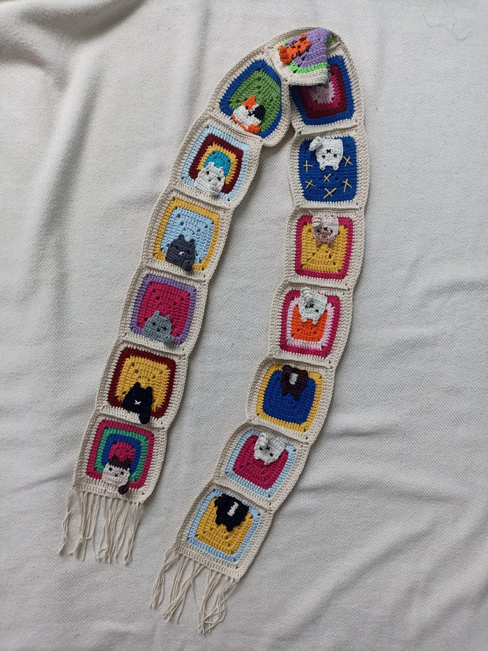 Örgü Kedili Bere ve Atkı İkili Set - Ekru - Kedi Temalı Örgü Atkı ve Ponponlu Örgü Bere