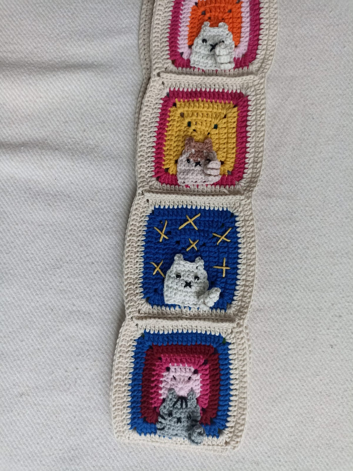 Örgü Kedili Bere ve Atkı İkili Set - Ekru - Kedi Temalı Örgü Atkı ve Ponponlu Örgü Bere