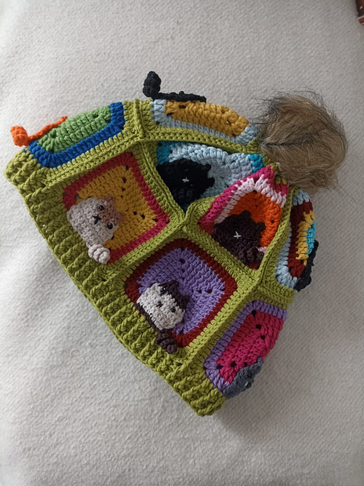 Cat Motif Pompom Crochet Beanie - Hand Knitted Winter Hat