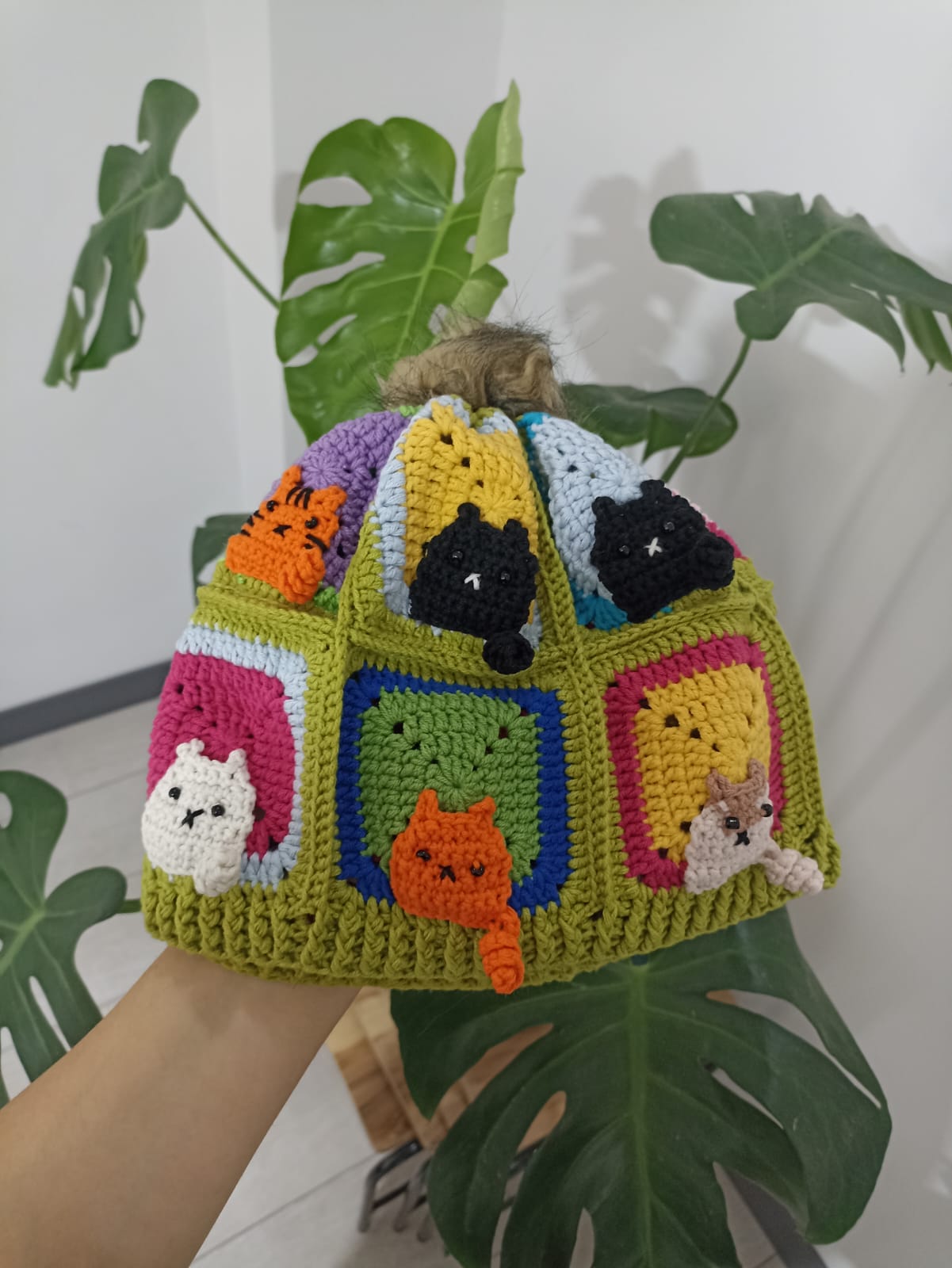 Cat Motif Pompom Crochet Beanie - Hand Knitted Winter Hat