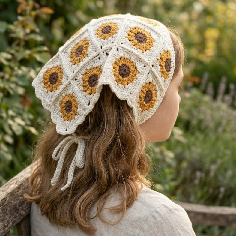 Ayçiçeği Bandana / Ekru / Ayçiçeği Motifli El Yapımı Tığ İşi Bandana / El Yapımı Trend Şıklık