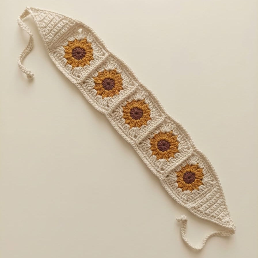 Ayçiçeği Saç Bandı / Tığ İşi Boho Bandana / Ekru / Örgü Ayçiçeği Motifli El Örgüsü Saç Bandı - El Yapımı Trend Şıklık