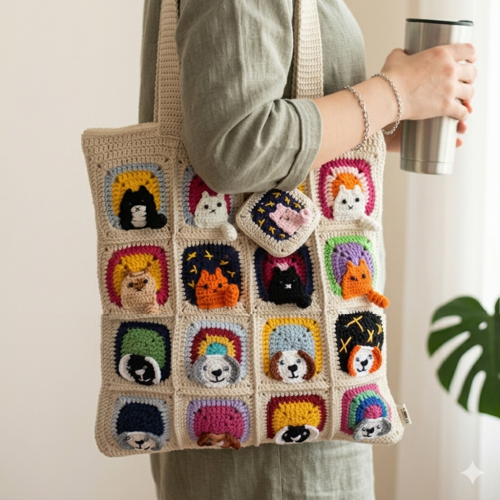 Kedi & Köpek Mix Motifli Örgü Çanta - Mini Cüzdan Hediyeli